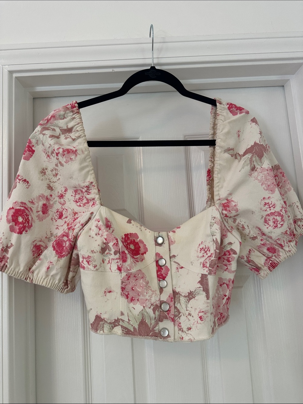 For Love & Lemons Pink and Cream Floral Puff Sleeve Crop Top